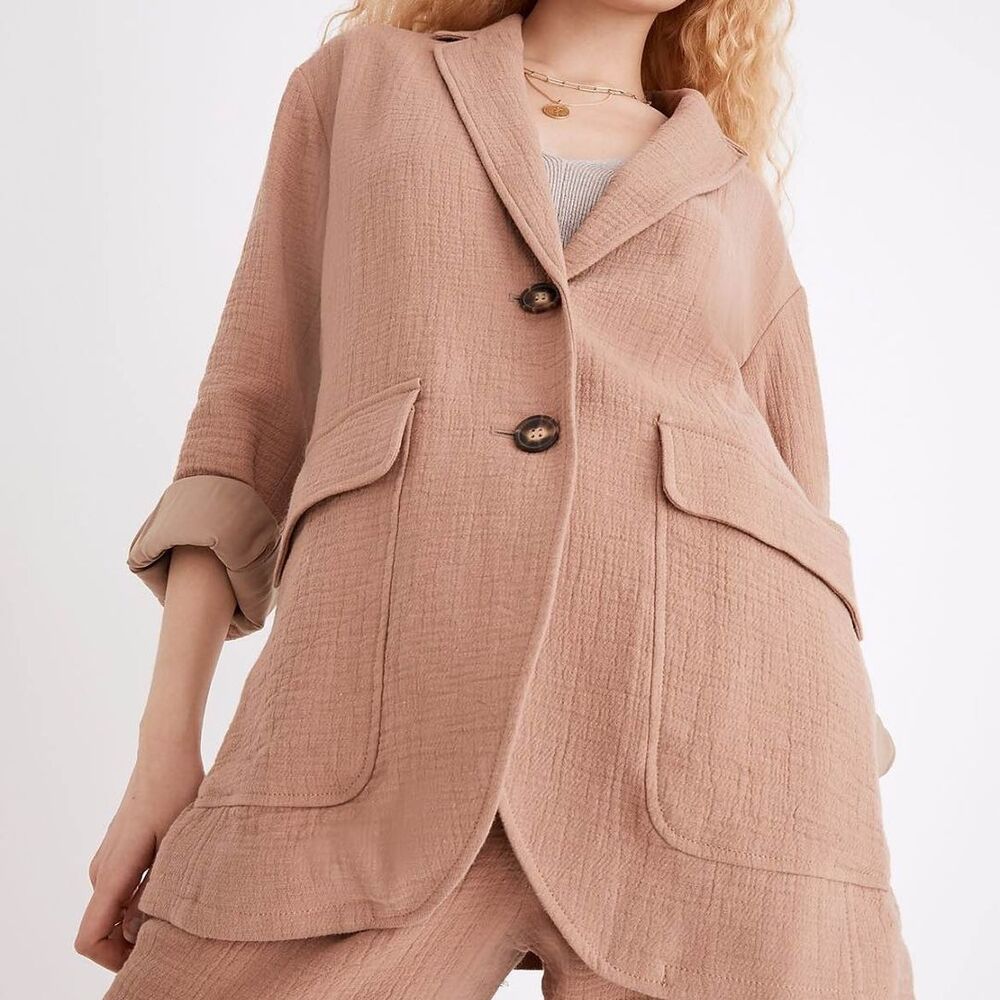 ~ Madewell Sm Boho Linen Blazer Beachy Coastal Cotton Blend Gauzy Relaxed Tan